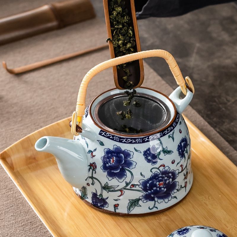 茶壶陶瓷国潮青花提梁壶中式复古大容量凉茶水壶家用饭店单个过滤|undefined