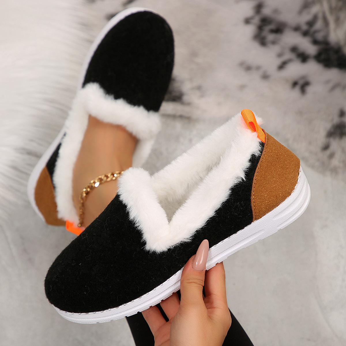 跨境冬季新款拼色平底加绒雪地靴女加厚毛毛保暖大码低帮棉鞋wish