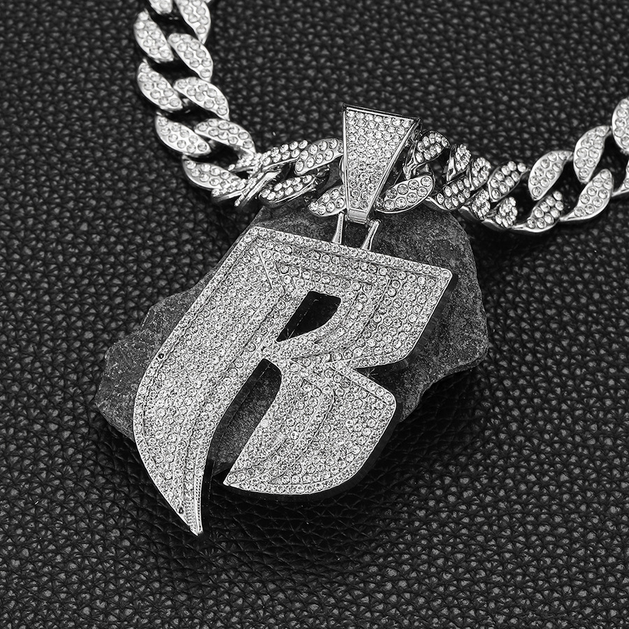 Men's Punk Style Accessories Personalized Jewelry Hip Hop Full Diamond Letter B Pendant with 15mm Cuban Necklace_voghion.com