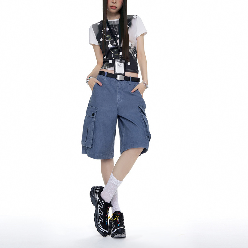 Navy Blue Workwear Cropped Jeans for Women, Summer 2026 New Style, Multi-Pocket Retro Trendy Brand, Loose Wide-Leg Mid-Length Pants Navy Blue Workwear Cropped Jeans for Women, Summer 2026 New Style, Multi-Pocket Retro Trendy Brand, Loose Wide-Leg Mid-Length Pants