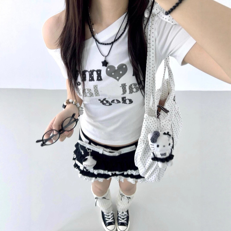 【Guangzhou Fabric 240g 95% Cotton + 5% Spandex Cotton Stretch】Slim Fit Off-Shoulder One-Shoulder Neckline Short-Sleeve T-Shirt