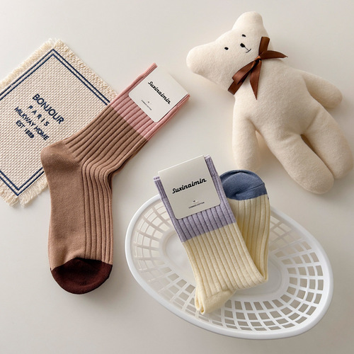 suxinaimin retro striped pile socks color block socks female Japanese college style cotton socks student stockings