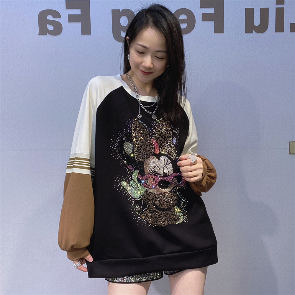 美式复古圆领卫衣潮牌秋冬撞色拼接个性设计感烫钻休闲上衣女大码