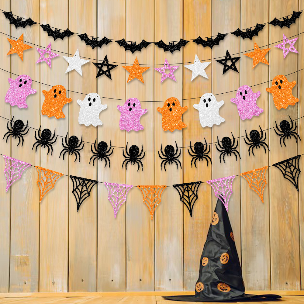 Decoración de fiesta de vacaciones de Halloween, bandera de pull, murciélago fantasma, bandera de pull, barra de flores, decoración de pared, adornos de pancartas