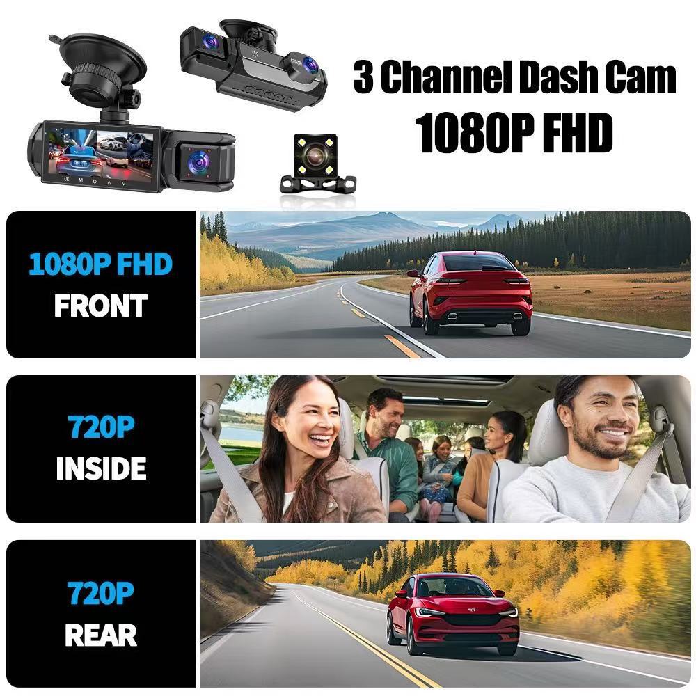 New three-lens WiFi dashcam with infrared night vision, simultaneous recording of the front, interior, and exterior of the vehicle, and in-car monitoring