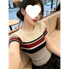 冰爽丝洗水美式复古简约撞色条纹短袖针织衫女气质圆领修身上衣