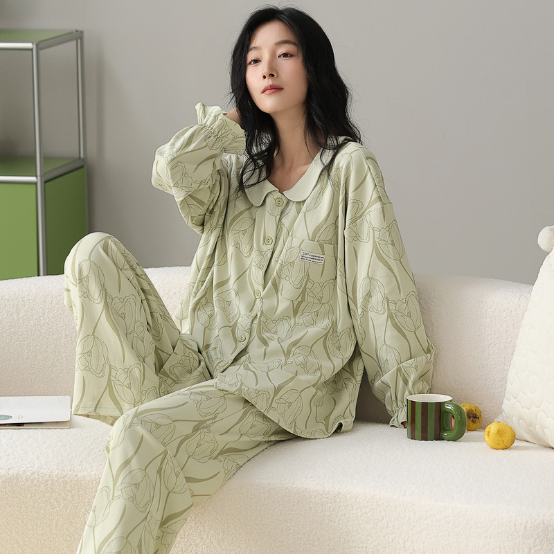 95 Cotton Pajamas for Women, Autumn and Winter Pure Cotton Long-Sleeved Pants Cardigan for Women, High-End Pull-Up Cotton Home Clothes for Women