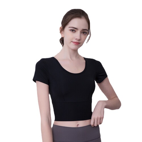 Spring and summer new style beautiful back yoga wear short-sleeved tops for women naked with chest pad sports T-shirt Pilates running fitness
