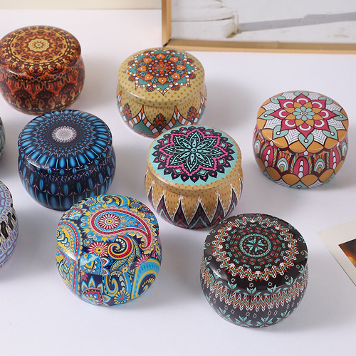 Multicolored Candle Jar Round Retro Scented Candle Tea Candy Storage Box Thick Mini Ethnic Style Small Iron Can