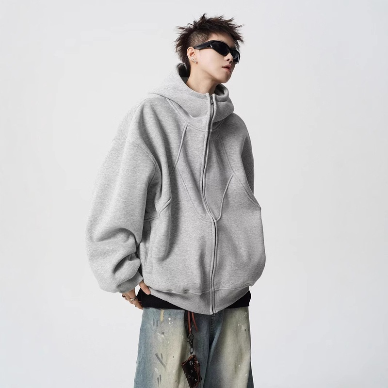 American Heavy Deconstruction Hooded Jacket Men's Winter Fashion Brand Design Sense Stitching Sweater High Street fleece-lined Couple Hoodie