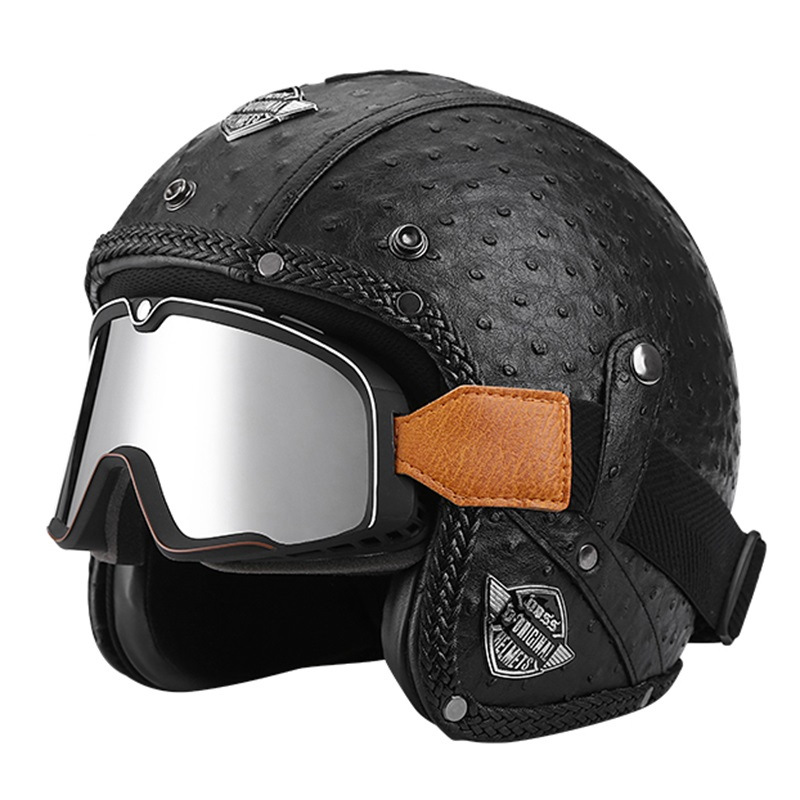 555 가죽 헬멧-블랙 웨이브 도트 + 대형 프레임 고글