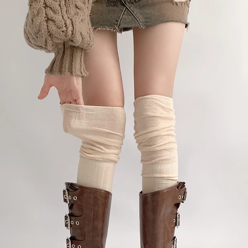 Women's Knee-High Socks with Boots, White Summer Thin Stockings, Slouch Socks, Melard Boots, Jk Long Socks