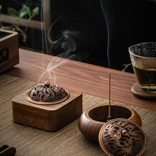 胡桃木香炉盘托家用中式香薰室内镂空带盖实木沉香檀香蚊香线香插