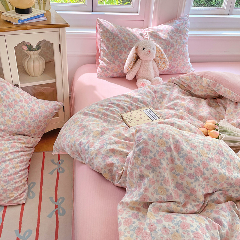 Class a Ins Cloud-Sense Double-Layer Yarn Four-Piece Quilt Cover Student Dormitory Bed Bed Sheets Bedding Dormitory Three-Piece Set