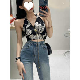 大码女装夏季挂脖绑带蝴蝶结外穿露背修身打底吊带上衣短款背心女