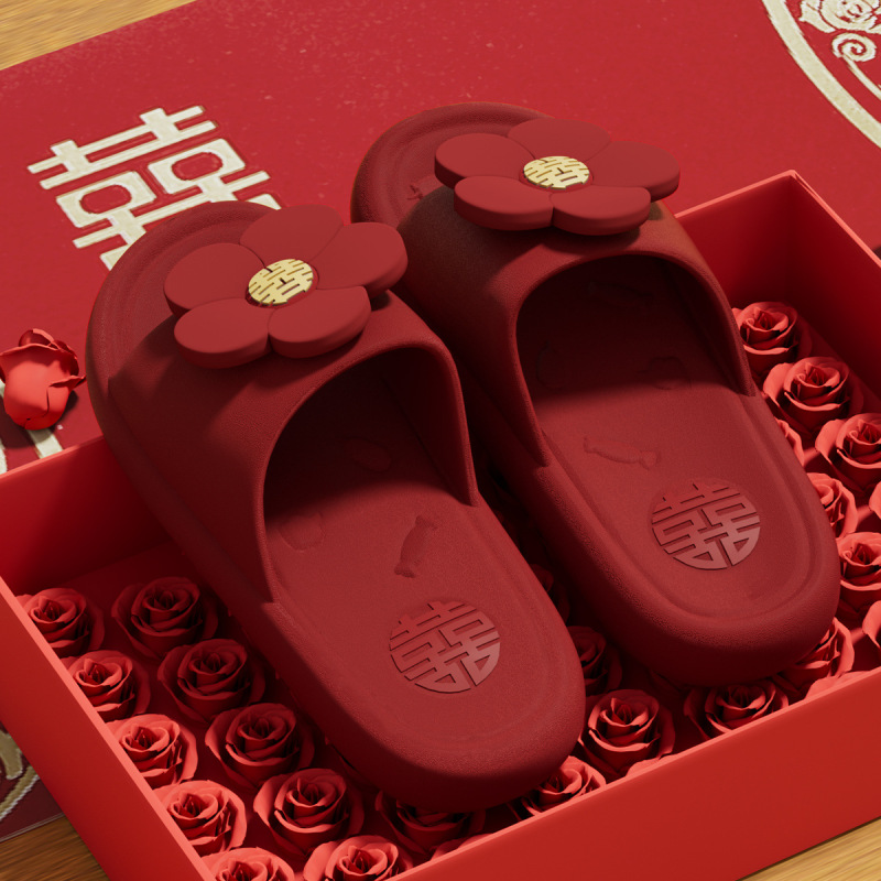 結婚式用の赤いスリッパ、夏のお祝い、高級新婚花嫁の出産祝い、滑り止めのドレッシングガウン、カップルの結婚式の靴|undefined