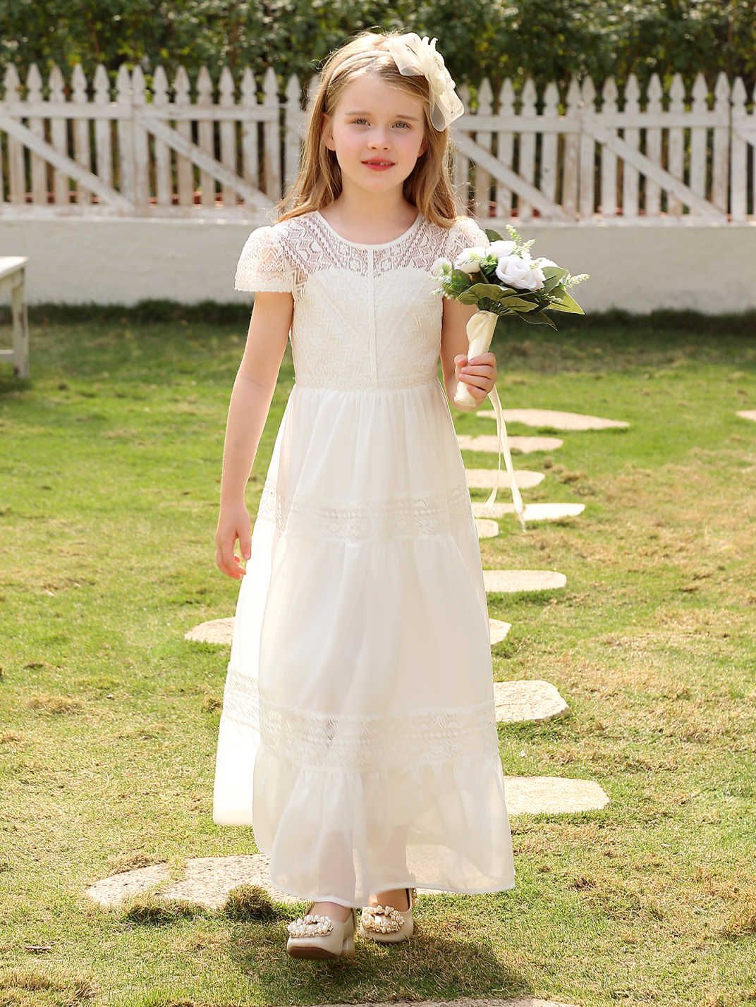 Vestido de princesa para niñas, vestido blanco elegante de manga corta, vestido largo, ropa infantil transfronteriza, vestido de niña para actuaciones, vestido de niña de las flores, vestido de boda