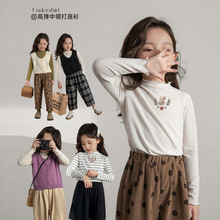 秋冬女童卡通打底衫2024新款德绒保暖木耳边上衣儿童条纹长袖T恤
