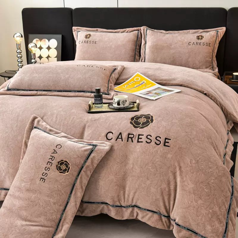 2025新款高克重牛奶绒刺绣四件套-山茶花系列轻奢四件套保暖