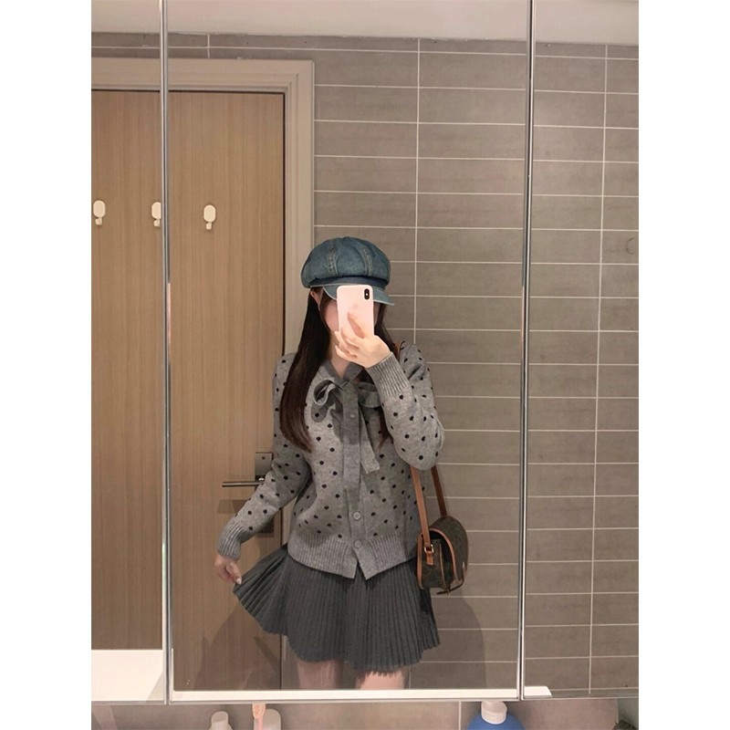 miu系高级感灰色波点蝴蝶结系带毛衣开衫外套女秋冬内搭针织上衣|undefined