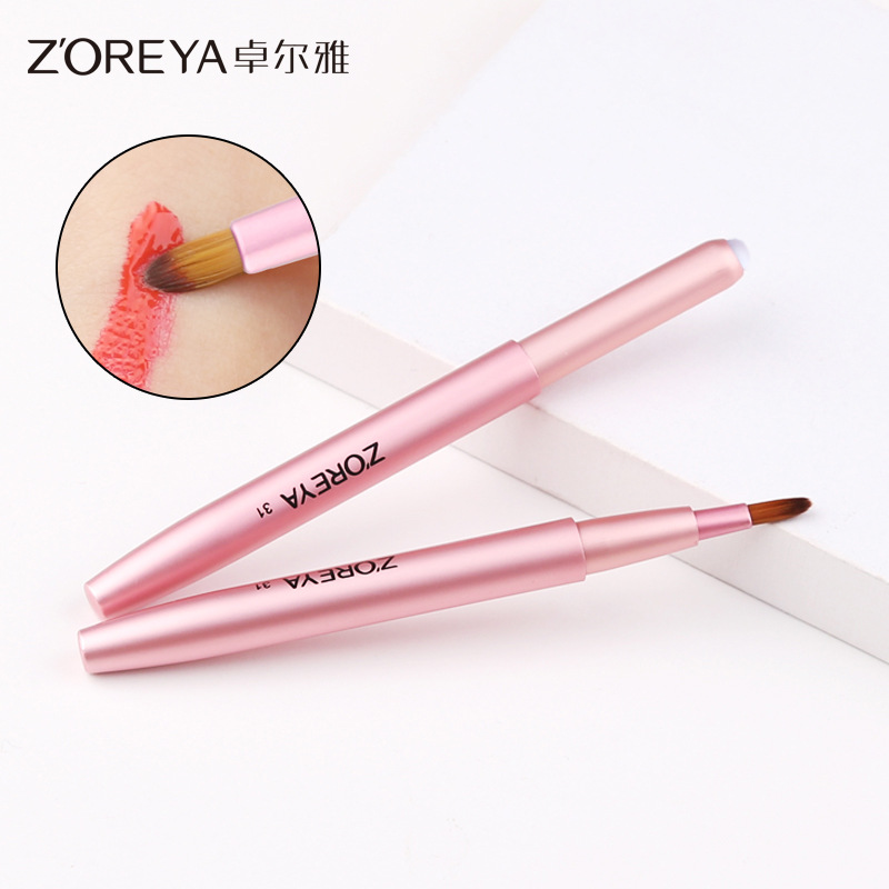 Zoelya-brocha de maquillaje con cerdas de fibra, cepillo de labios retráctil portátil, herramienta de maquillaje, tubo de polvo con cepillo de lápiz labial rosa de una sola cabeza.