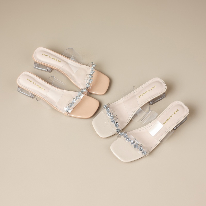 Sandal cao gót nữ đính đá quai ngang mũi hở đế mềm — KH55 Màu be
