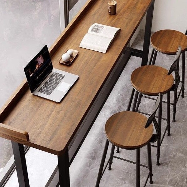 Wrought Iron High Bar Table Balcony Solid Wood Table with Milk Tea Long Table Bar Table and Chair Set for Home Use Long Tω