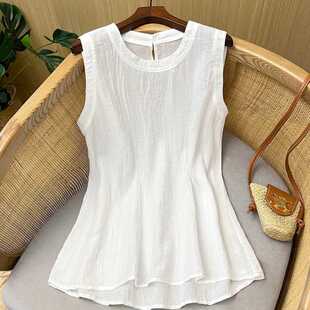 New Real-Shot Pleated Texture Solid Color Versatile Loose Artistic Retro Vest Top for Women