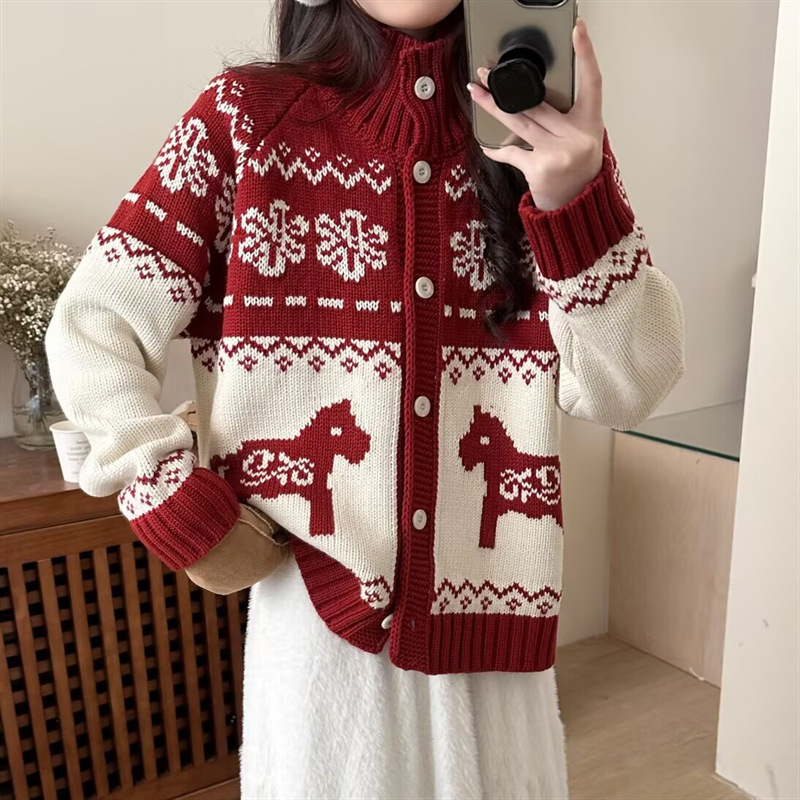 韩版提花卡通针织开衫女翻领复古加厚新年红色毛衣针织外套女上衣