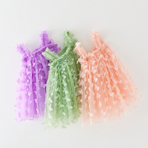 New Children's Dress with Embroidered Butterfly Straps, Sweet Princess Skirt, Net Fabric, Puffed Skirt, Girls' Dress