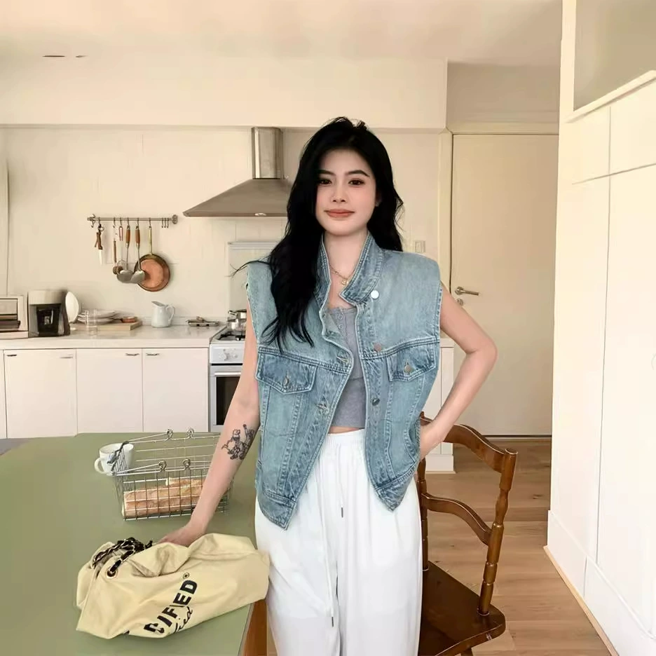 Большой размер женский ретро плечо скошенный джинсовый жилет летний новый повседневный дикий без рукавов короткий топ-пиджак