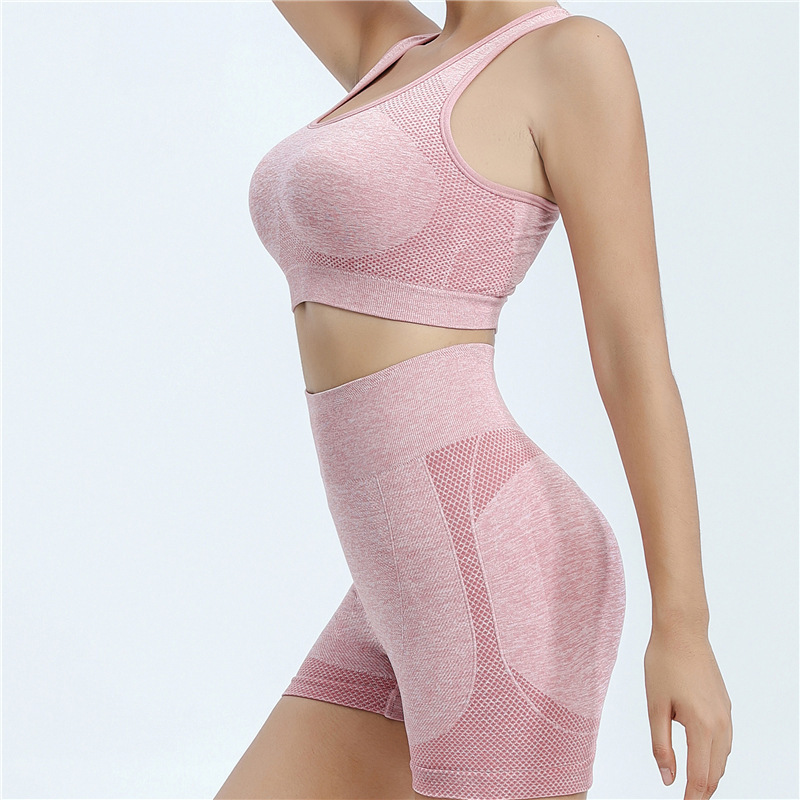 Ropa de fitness de yoga ajustada de cintura alta, pantalones cortos de cadera de melocotón para mujer, chaleco deportivo, ropa exterior, traje de secado rápido de 2 piezas