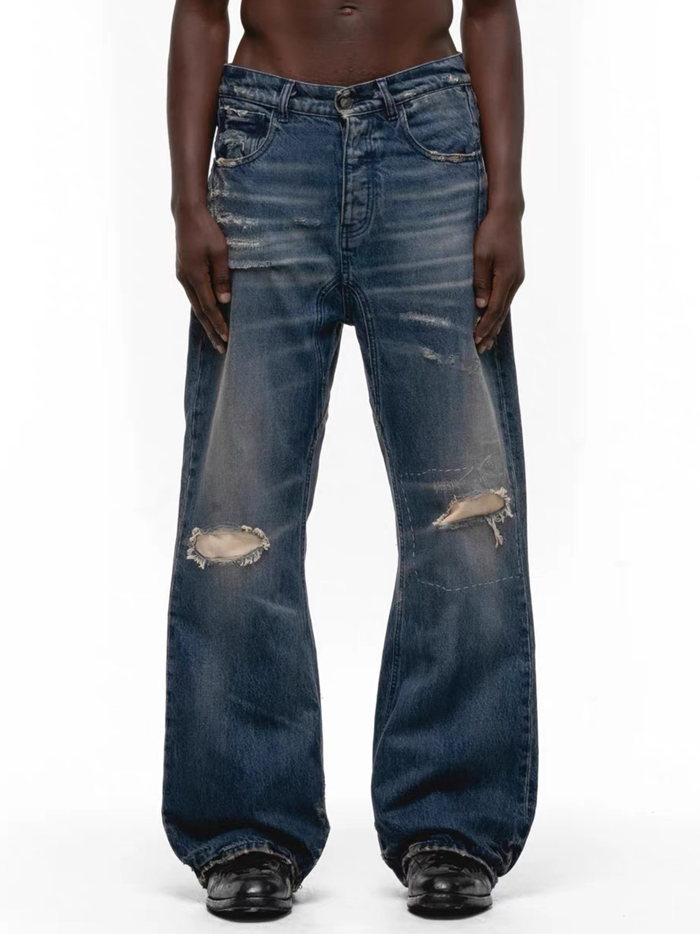 No Faith Studios Washed Vintage Whiskered Patchwork Distressed Niche Micro-Flare Jeans for Men and Women