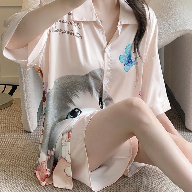 Ice and snow silk cute pajamas set summer loose silk shirt skirt Net red explosions cat pajamas a generation of hair
