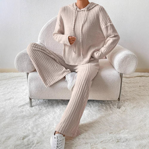 European and American Autumn/Winter Casual Knitted Long-Sleeved Set: Women's Hoodie with Drawstring and Loose-Fitting Pants—Two-Piece Set