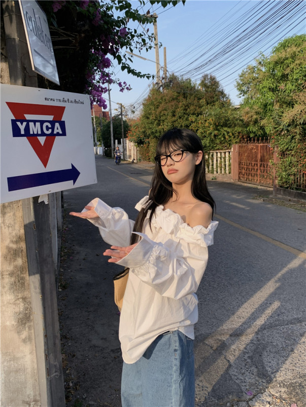 法式温柔风一字肩花苞长袖衬衫女宽松显瘦长袖衬衫|undefined