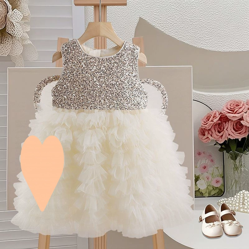 Платье для девочек 2025 Лето Новинка Детская мода Платье принцессы Тонкое платье с пайетками Продвинутое платье Новый тренд