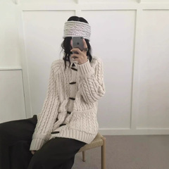 2025韩系通勤风牛角扣高领针织开衫女秋冬季慵懒风百搭毛衣外套女
