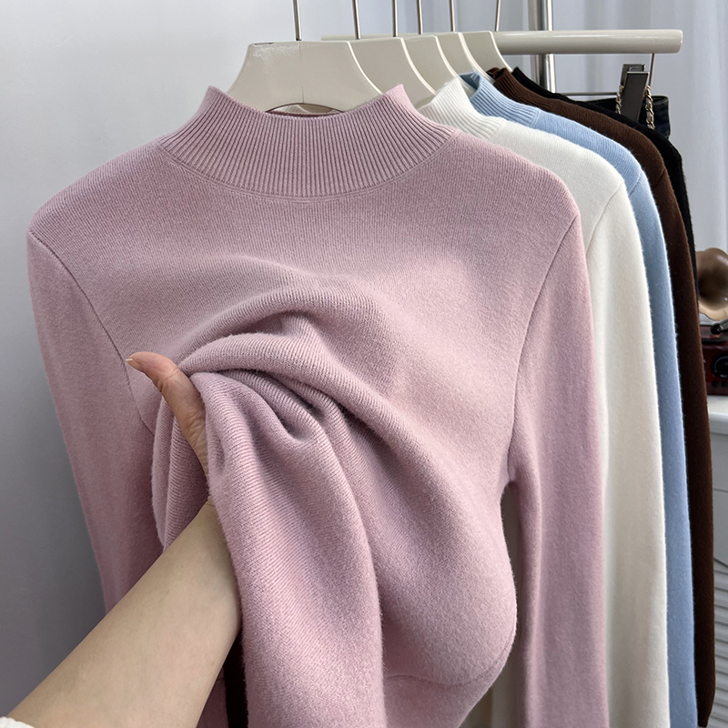 Soft Warm fleece-lined Thickened Half Turtle Neck Sweater Base Shirt Women's Autumn and Winter Gentle Solid Color One-piece Velvet Knitted Sweater