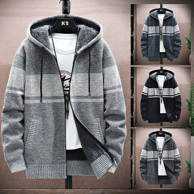 Suéter con Capucha para Hombre, Estilo Casual, Holgado, Forrado de Felpa, Grueso, de Manga Larga, Cárdigan de Punto, Otoño-Invierno