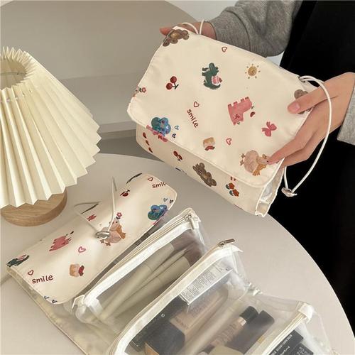 Original cute graffiti bear girl heart portable cosmetic bag large capacity storage bag removable mesh toiletry bag