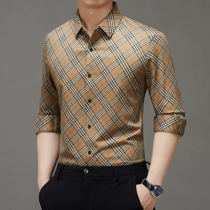 长袖衬衫25年新款春秋季含绵羊毛男士格子衬衫商务免烫翻领衬衣