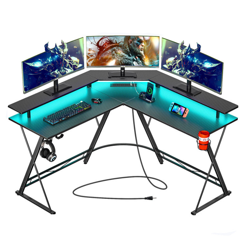 L-Shaped Corner Computer Desk Carbon Brazing Dimensional Panel Office Table Study with Led and Power Cord 2Usb Ports E-Sports Table