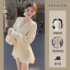 三件套女春季韩系辣妹长袖针织毛衣开衫蕾丝打底衫高腰半身裙