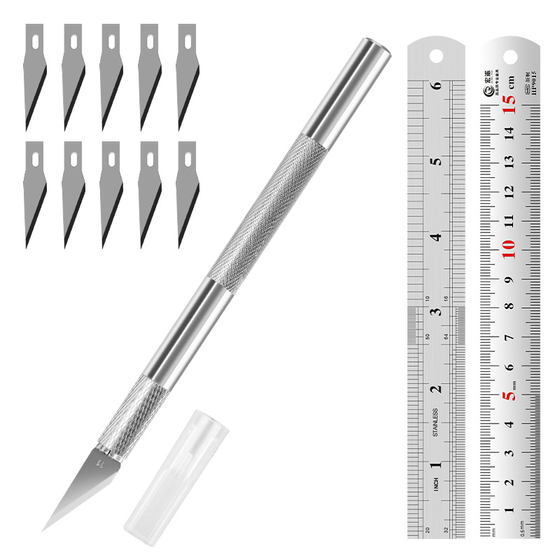 Juego de herramientas de tallado transfronterizo: cuchillo y regla de acero, cuchillo para manualidades con kit de cuchillas, regla de acero inoxidable de 15 cm para uso en bricolaje.