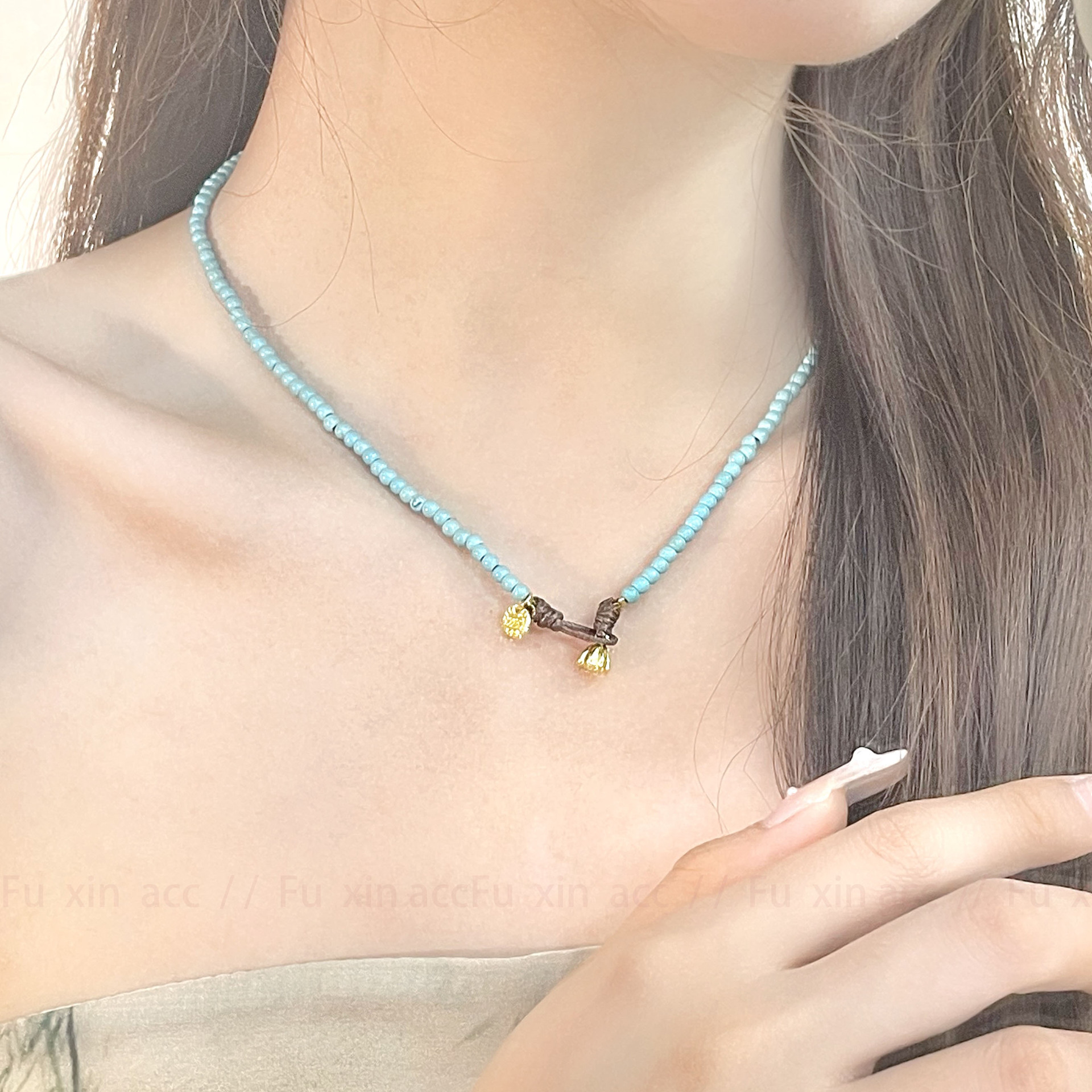 Collier perles turquoise style chinois élégant pour femme_voghion.com