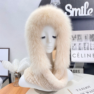 Double-sided Rex Rabbit Fur Hat Scarf Integrated Wind and Snow Hat Women's Winter Fox Fur Warm Ear Protecting Hooded Scarf