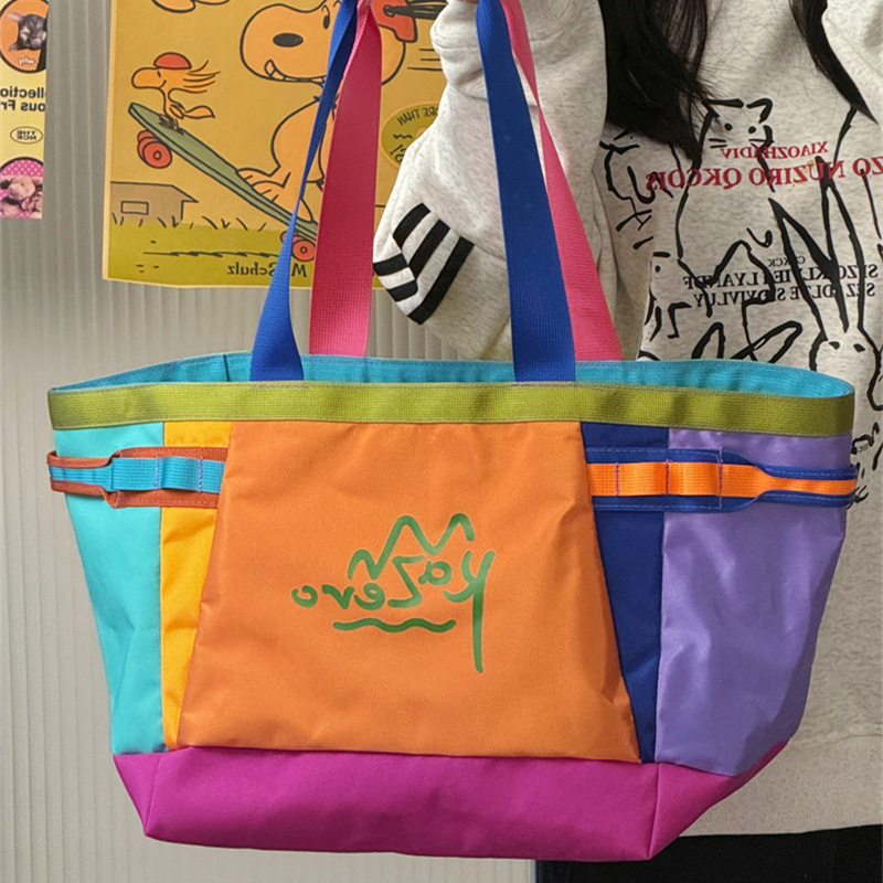 Colorful Patchwork Canvas Tote Bag for Women 2026 New Lightweight Shoulder Bag Large Capacity Outdoor Travel Bag