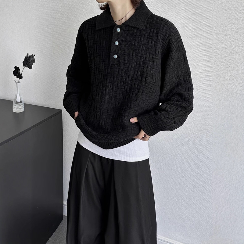 2025 New Autum American Retro Polo Collar Woven Texture Bottoming Casual Knitwear Knitwear Men's Black