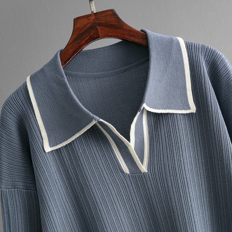 Autumn Winter Polo Collar Contrast Color Casual Set High Waist Slimming Knitted Two Piece Set